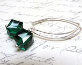 Emerald Green Crystal Cube Earrings / Sterling Silver / Long Dangle Earrings / SimplyJoli / Lush Green