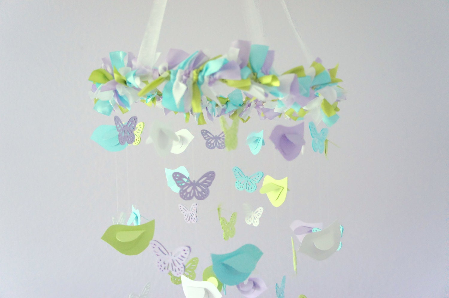 Baby Nursery Mobile- Lavender, Blue, Green & White Birds and Butterfly Nursery Mobile
