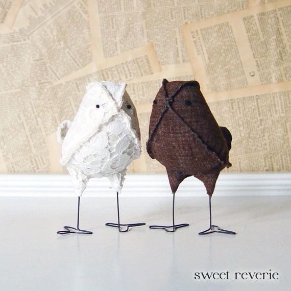 Bird Wedding Cake Toppers - Mini Creamy White Lace and Chocolate Brown Linen Love Birds, Fall Winter Wedding - Made to Order