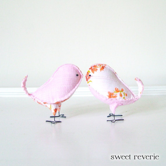Bird Wedding Cake Topper - Mini Vintage Peach Orange Pink Floral Love Birds, Spring Summer Wedding, Valentines Day - Made to Order