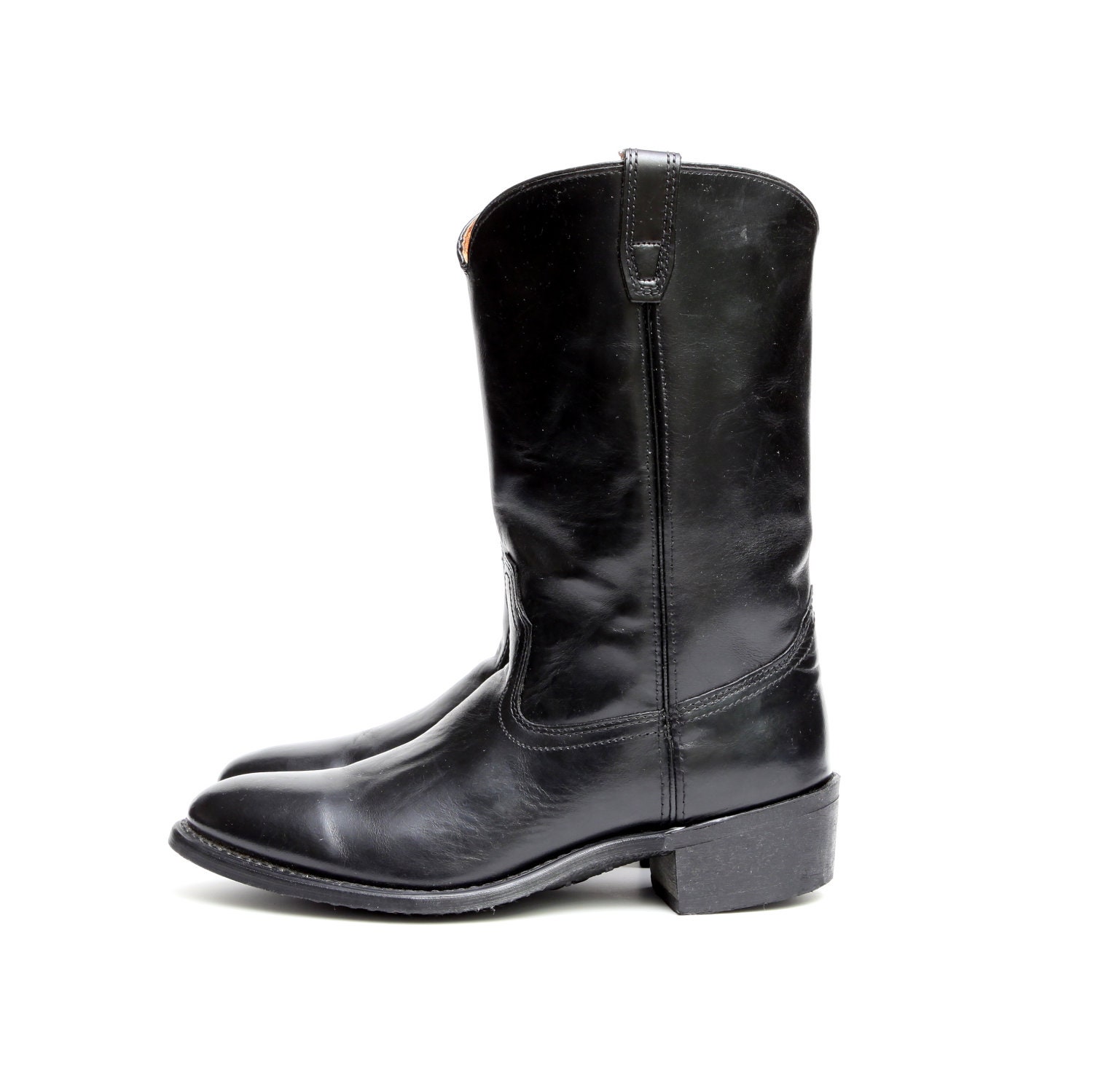 Walk The Line: Cowboy Goes Moto. Black Leather Boots w/ Goodyear Oil Proof Soles. Made in USA by Bates. Size - Mens US VTG 11 D