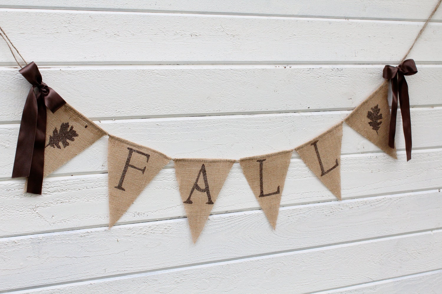 FALL burlap banner -glittered brown lettering with shimmery leaves