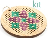 DIY Cross Stitch Necklace Kit - Bamboo with Purple and Emerald Green Geometric Pattern - Round
