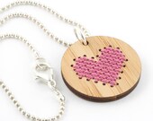 Cross Stitch Embroidered Bamboo Necklace with Pink Heart Design