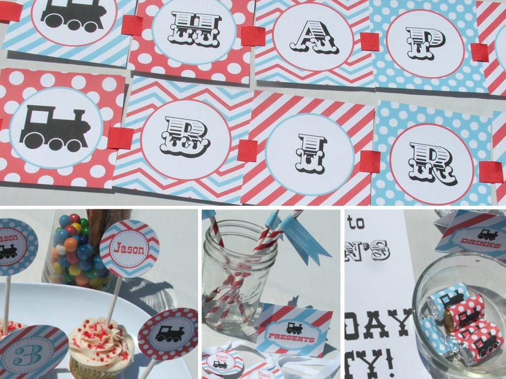 Vintage Train Birthday Decorations Package Boy Blue Printable