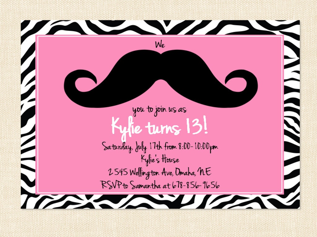 Mustache Zebra Invitation Birthday Pink Moustache Teen Tween Girl Printable