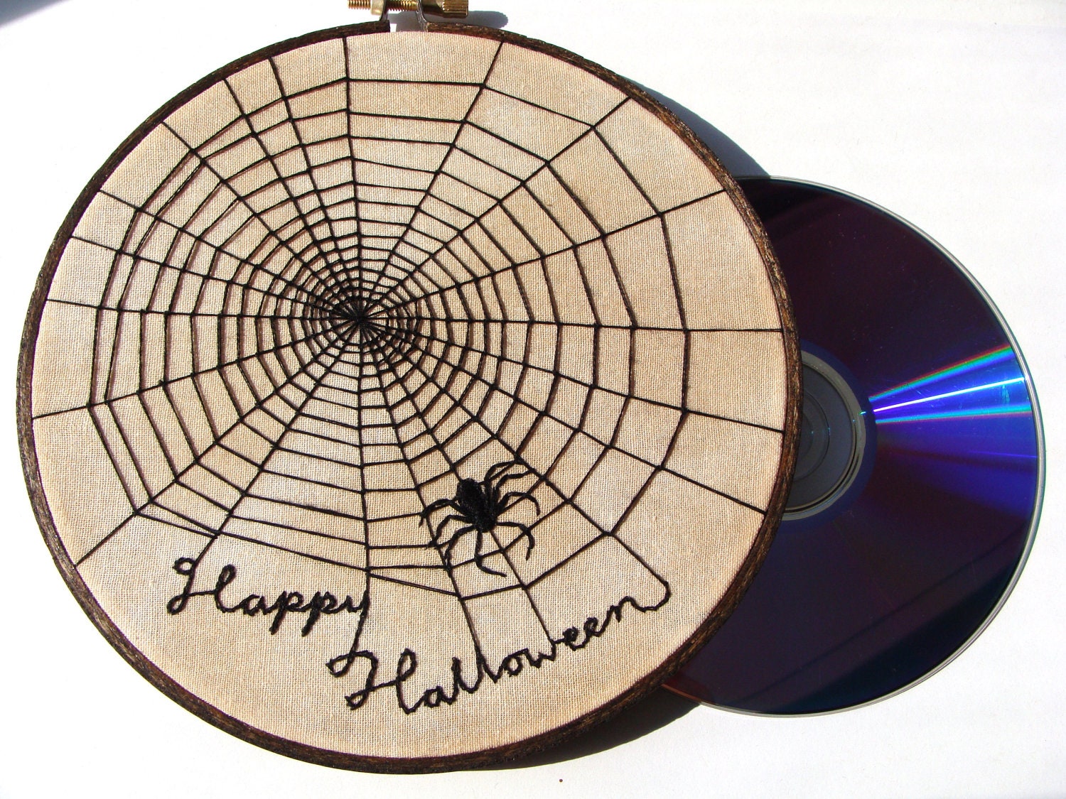 Halloween Wall Art, custom work available  - spider web, black spider, 6 inch wood hoop wall hanging, halloween decor, embroidered spider