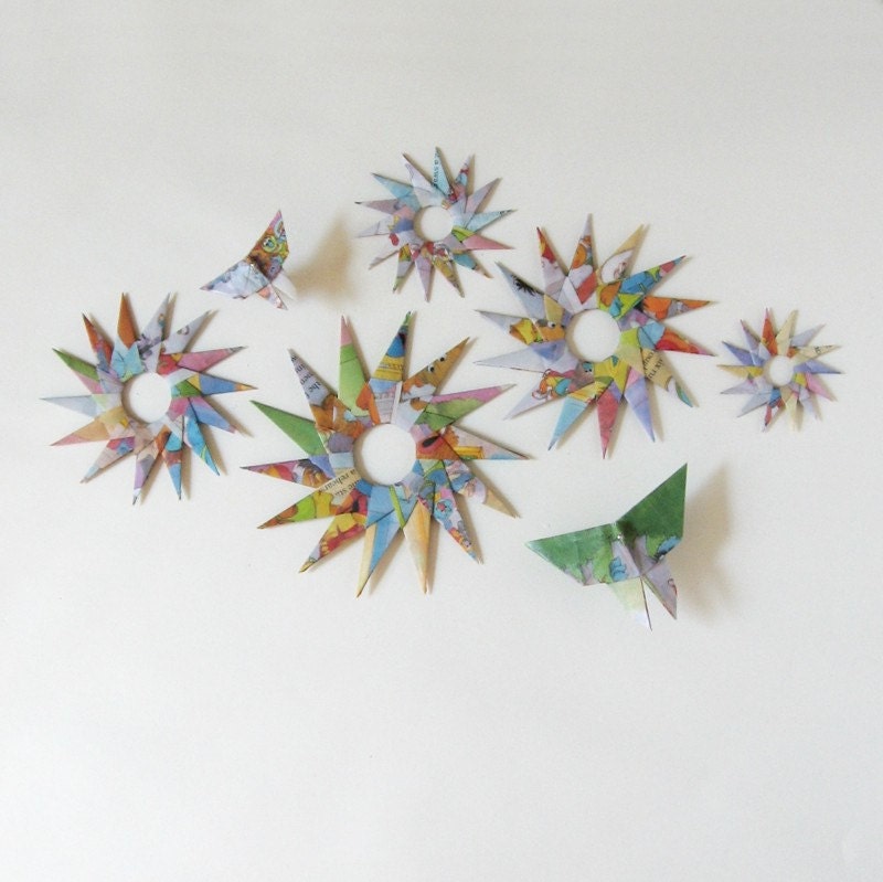 Origami Garden with Butterflies - Waxed Vintage Book Paper Sculpture Wall Appliques Home Decor