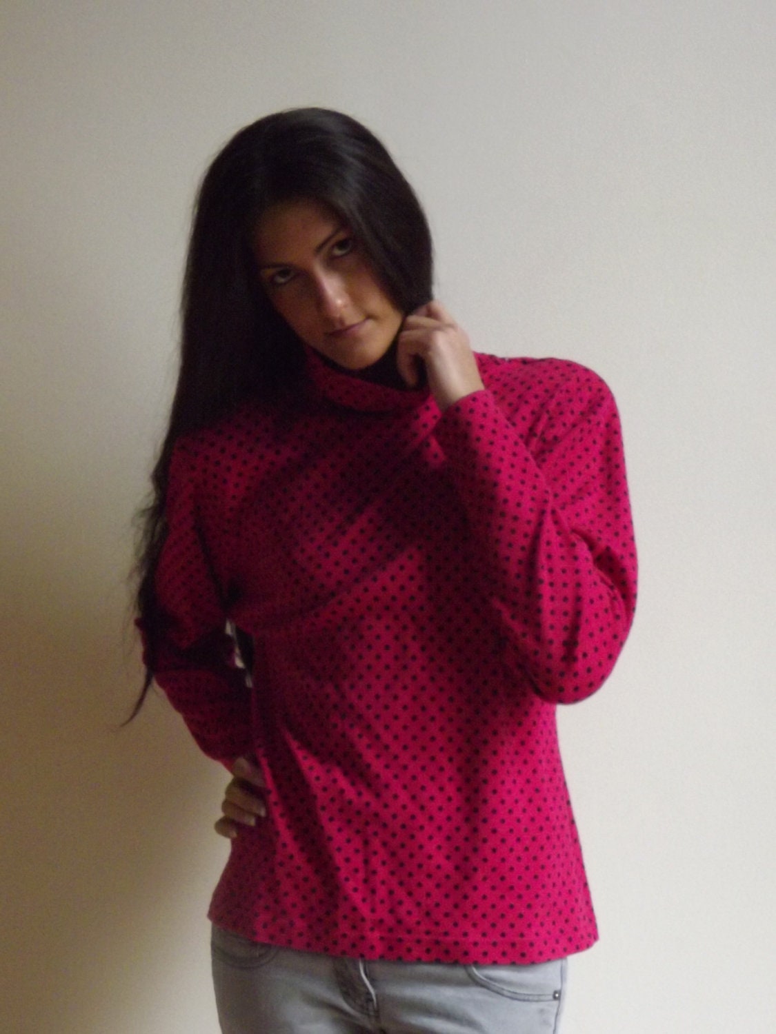 polka dot top, pink turtle neck, turtle necks, long sleeved top, pink top