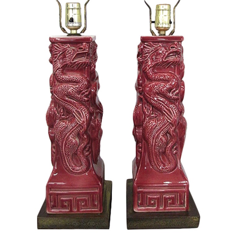 Pair of Vintage Asian Style Ceramic Lamps with Dragon Motif