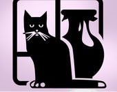 Black Cat Decal - Vase in Window Vinyl Wall Decal, Unimpressed Cat 0812206WDE