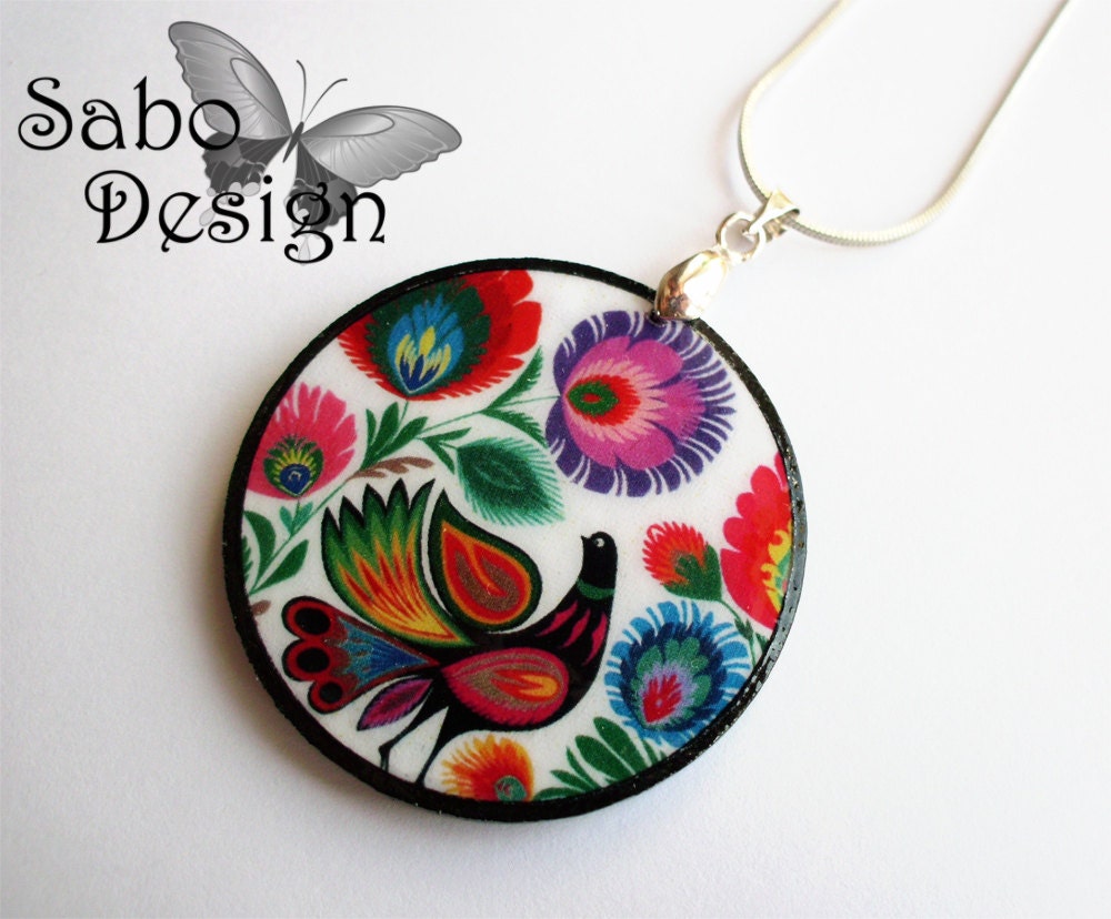 Polish Folk pendant, decoupaged in red, blue, lilac, green, orange, wycinanki, colorful, perfect gift