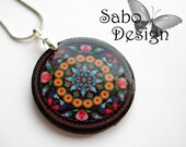 Polish Folk pendant, decoupaged in red, black, blue, pink, roses, wycinanki, colorful, perfect gift, mandala gift for her under 15
