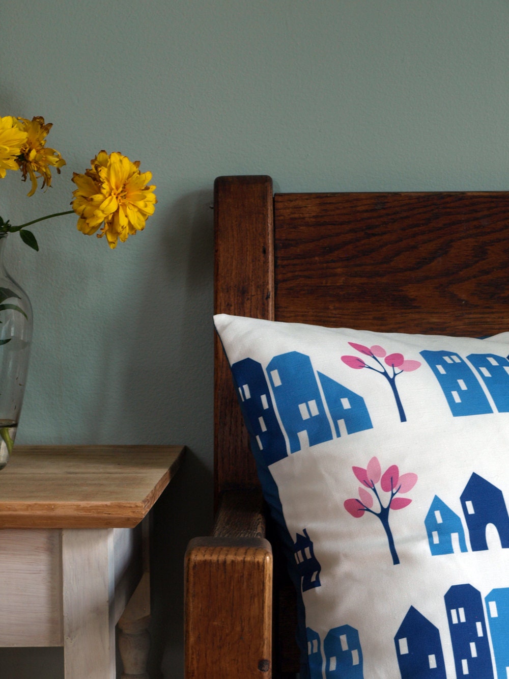 Blue Houses and Pink Trees Printed Pillow Cover 18x18