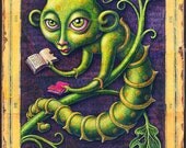 Voracious Larger- signed archival art print, bookworm with books & botanical details, green, library, curious art