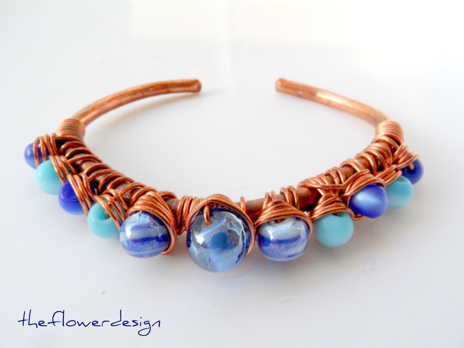copper wire wrap bracelet....Spring, Unigue, Mothers day, blue beaded HANDMADE - theflowerdesign