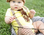 Get The Set - Banana Sock Monkey Boys Tie Onesie with Suspenders and Visor Beanie Crocheted Hat - Photo Prop, Birthday, Baby Shower