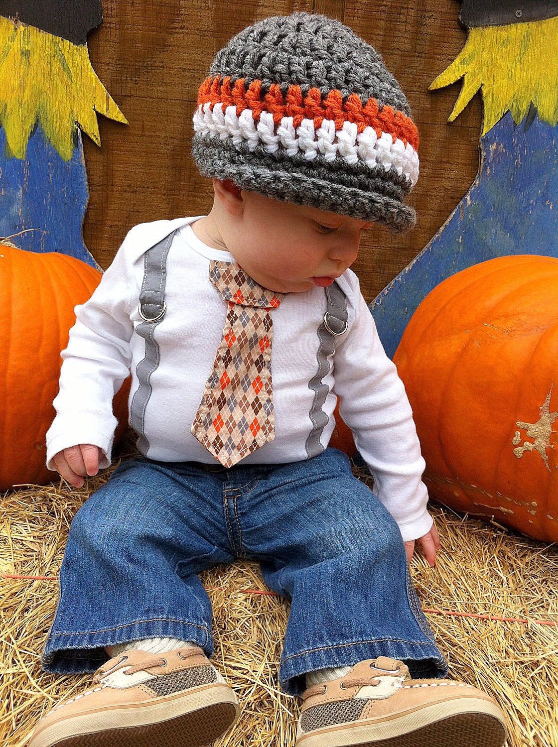Get The Set - Orange and Grey Tie Onesie or Shirt with Suspenders and Crocheted Hat - pick your own