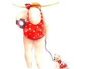 On The Beach I. Watercolor Illustration Print Woman Dotted Red Hat Ball Summer Dog Ocean Sea