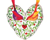 Love Birds Watercolor Illustration Print Leaves Heart Green Brown Multicolored