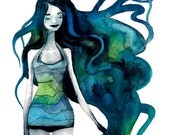 Aquarius Zodiac Signs Print Illustration Watercolor Blue Sea - BarbaraSzepesiSzucs