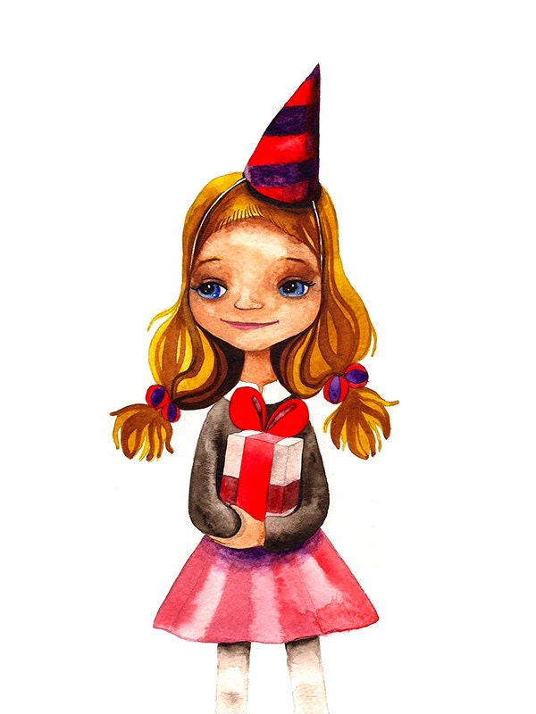 Birthday Nursery Art Children Girl Watercolor Illustration Print Home Party  Kids
