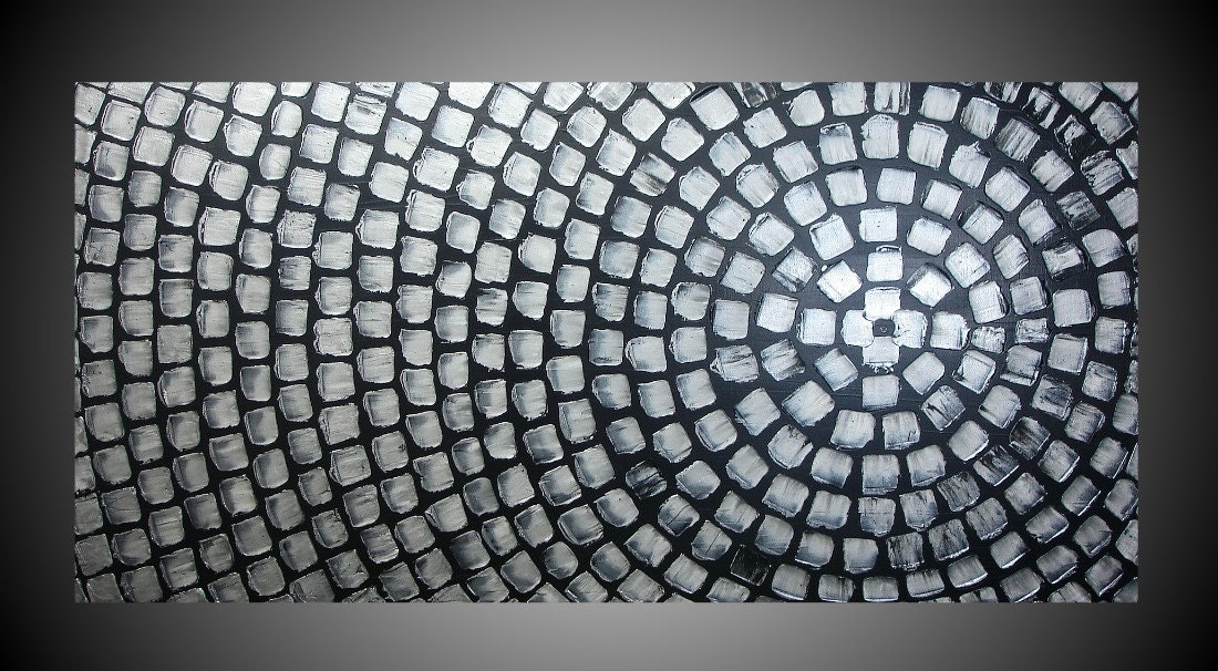 48 x 24 ORIGINAL Abstract Modern Acrylic Painting Art Deco Textured Black Metallic Silver Squares Modern Ready to Hang Made to Order