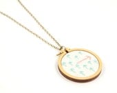 Embroidered miniature hoop necklace - this way or this way - aqua and pink on white - made with love by dandelyne