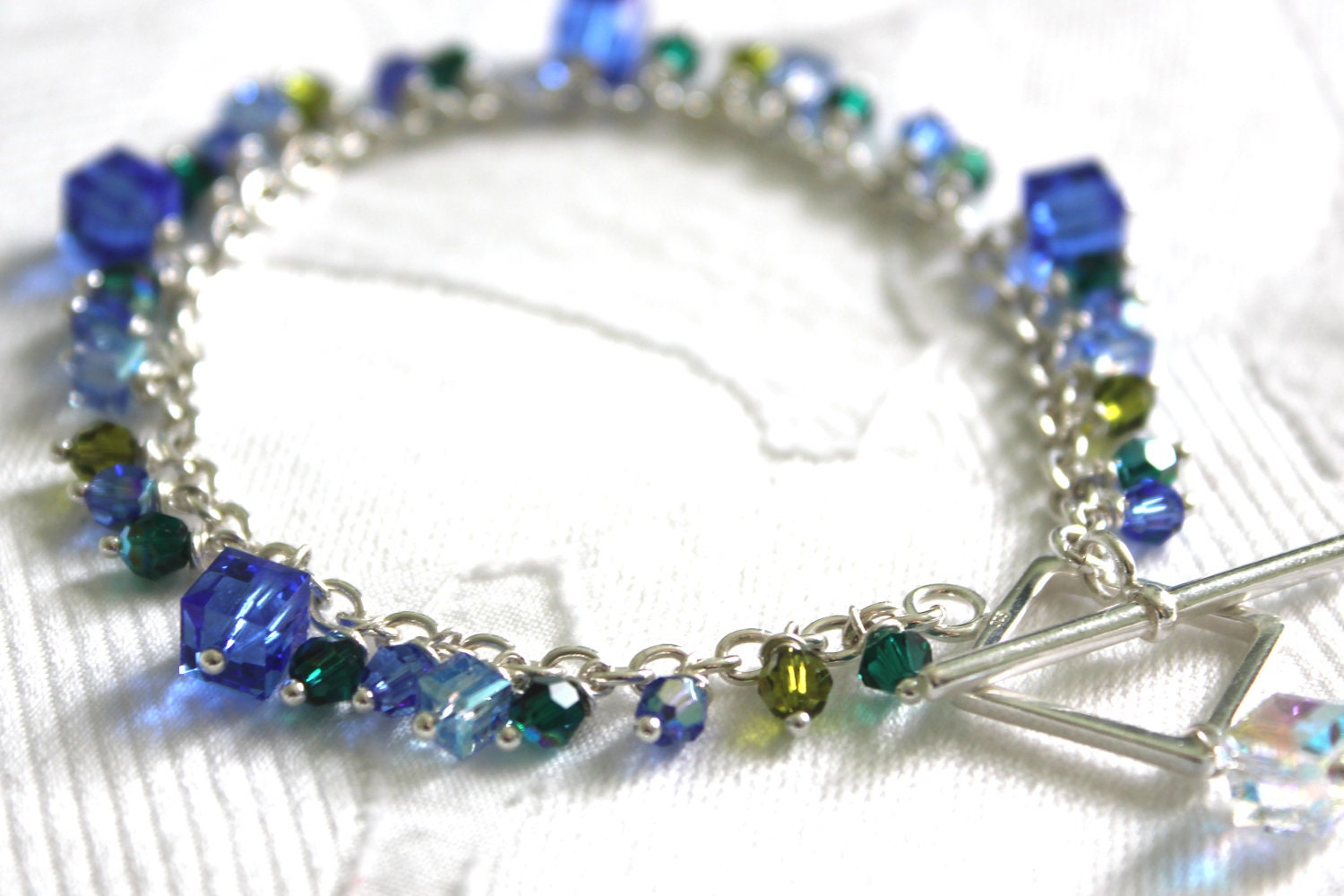 Blue Green Crystal Bracelet: Sophisticated Sterling Silver Sapphire and Emerald Swarovski Crystal Bracelet Hand Made Jewelry
