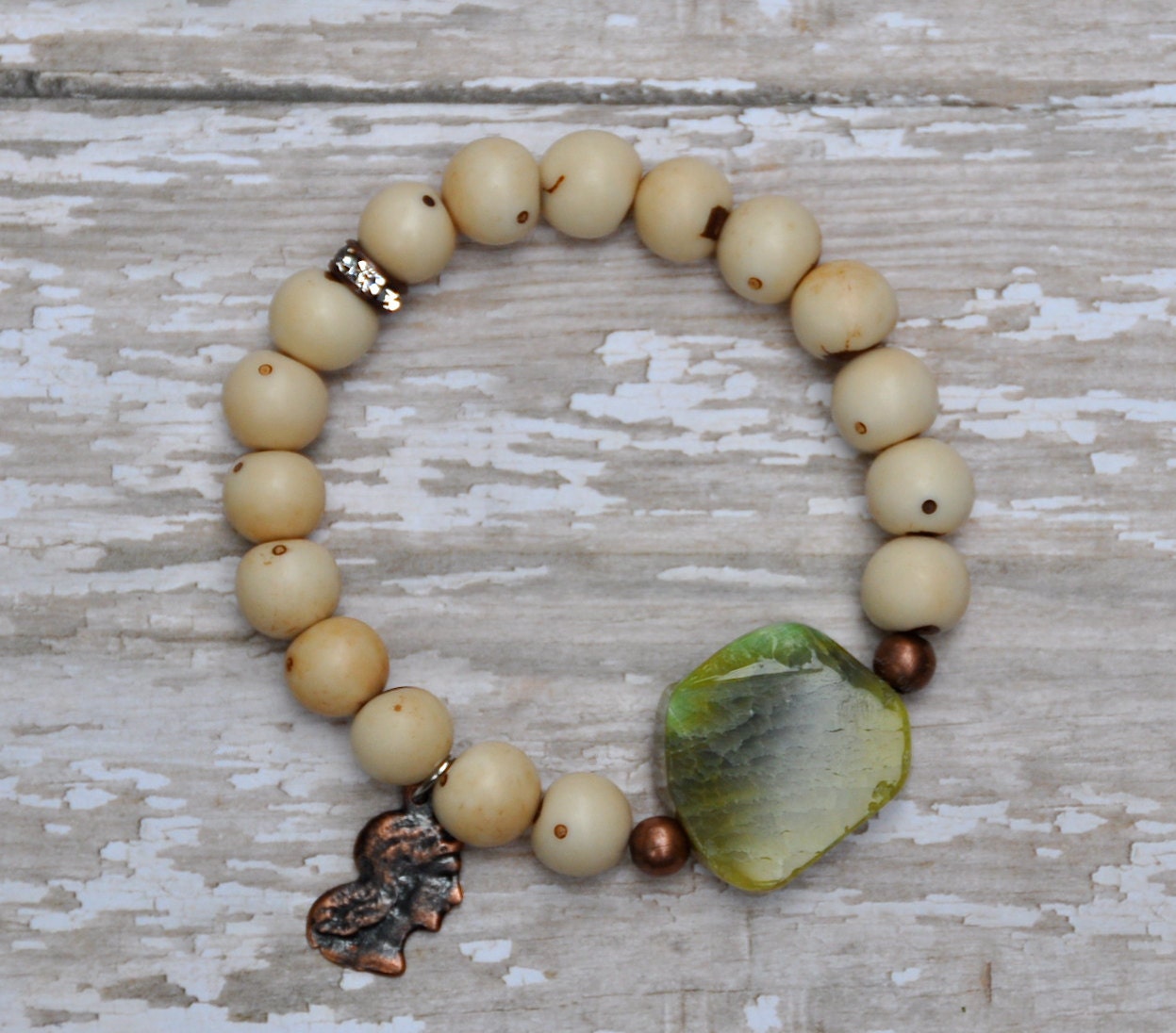 NEW Natural Seed Beads with Stone & Cameo Charm / Handmade Beaded Bracelet