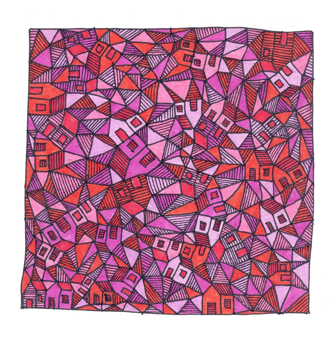 About houses and triangles. Red, purple, mauve and pink geometric print. A4 handdrawn illustration