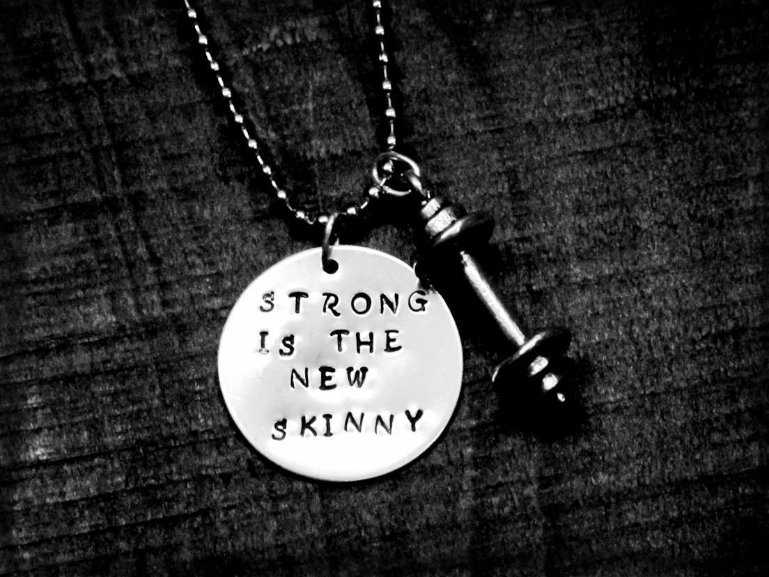 Strong is the new Skinny necklace with pewter barbell... Crossfit workout