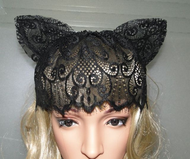 black white OR ivory vintage rose wall lace cat ear veil mask hairband headband Alice In Wonderland Lolita Gaga