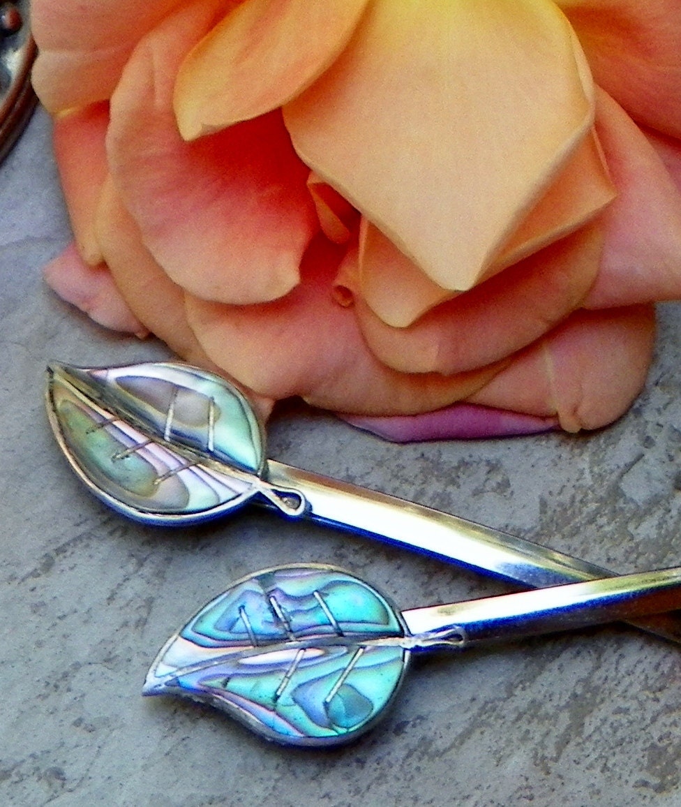 Unique Bohemian Boho Hippie Sterling Silver Abalone Hair Pins, Vintage Mexico Recycled