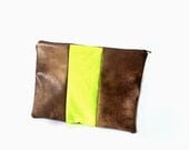 Clutch purse Vegan leather , Tan and Neon Color Block