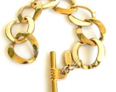 Retro Gold Link Bracelet, Cream Enamel and Brass, Vintage Nautical, Signed Jewelry
