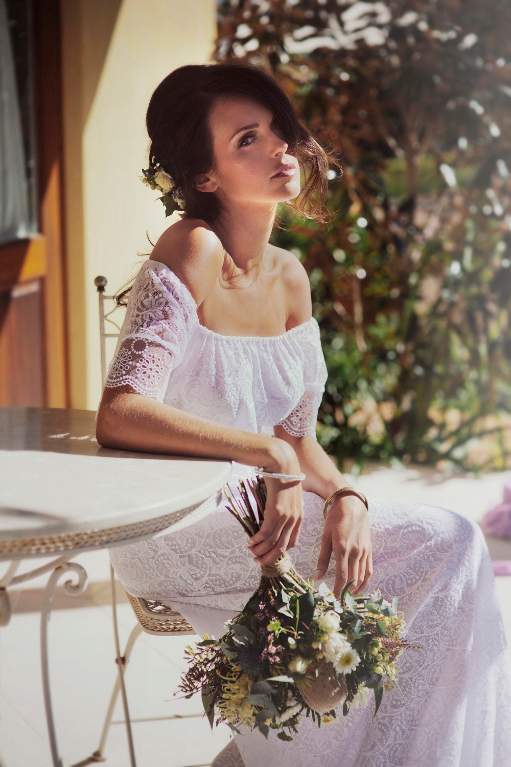 Beautiful off the shoulder bohemian beach wedding dress