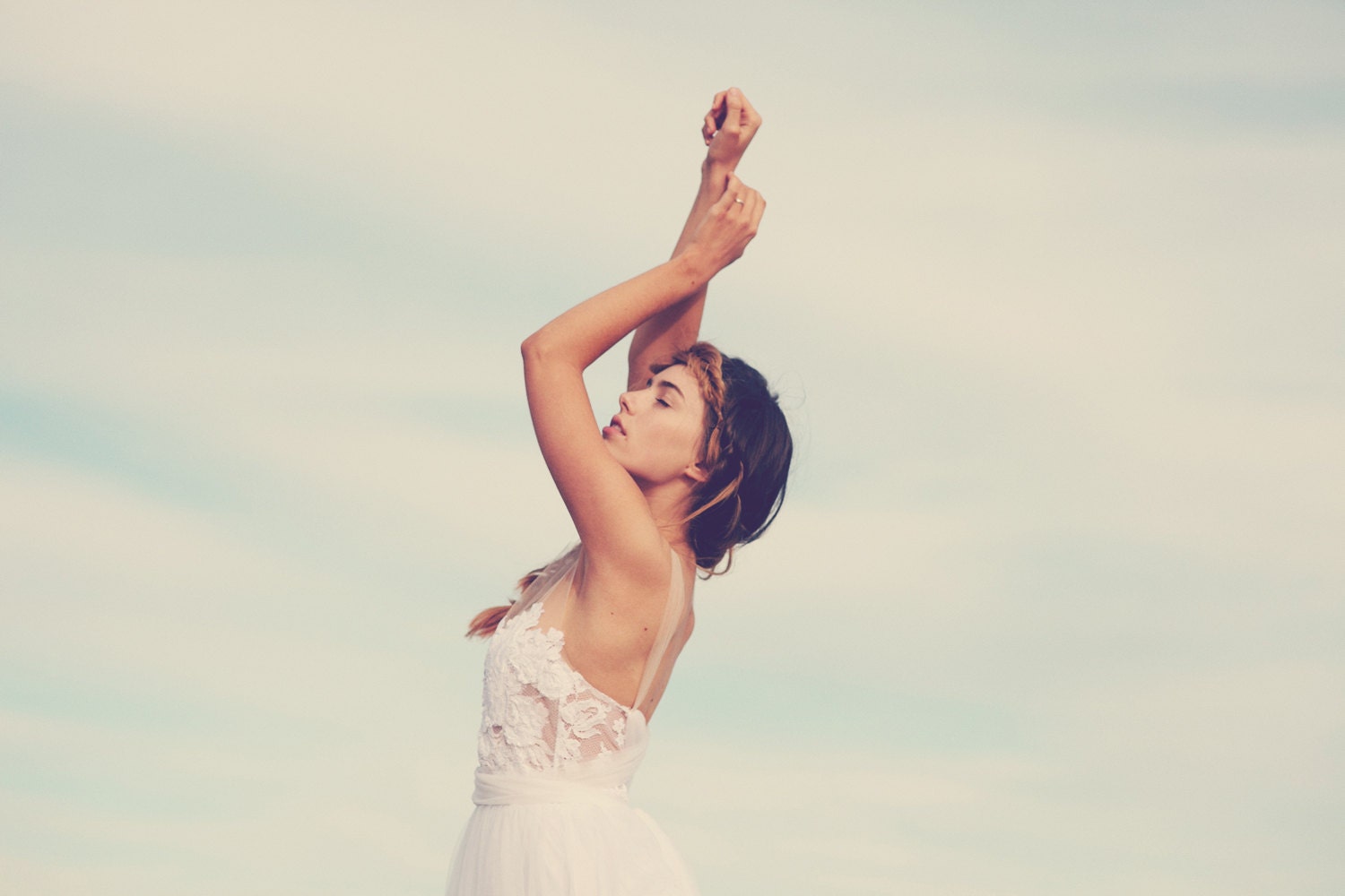 Magical white lace wedding dress with soft tulle skirt and invisible neck line