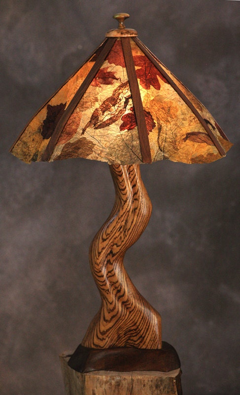 Carved Zebra Wood Table Lamp (new series). The "Original Leaf Shade" Reserved for Maria