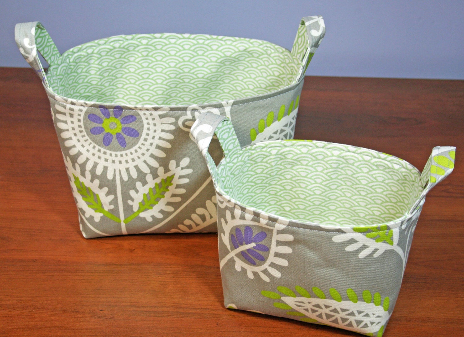 Fabric Baskets - Set of 2 Nesting Bins - Organization Storage - Home Decorating Fabric - Gray, Green, Purple Big Flowers - SewMuchCuteness