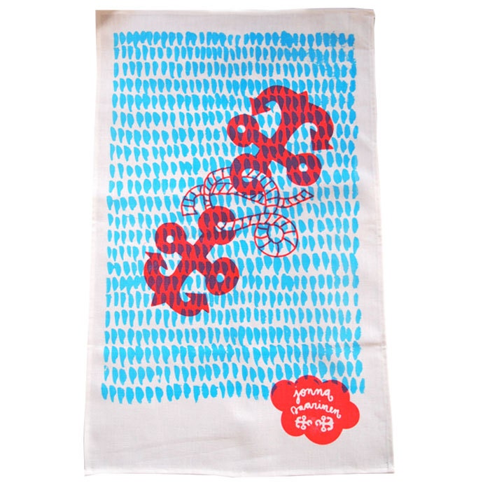 Hand screen printed Nautical tea towel - blue & red