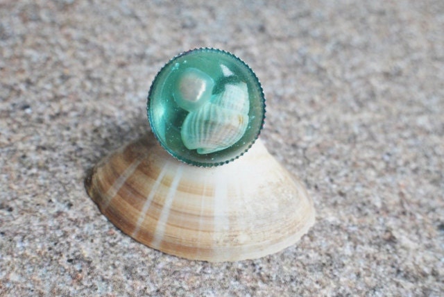 Beach Ring Resin Jewelry Turquoise Aqua Real Pearl Mini Seashells Seaside Summer Statement Adjustable