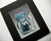BLUE TATTOO 8x10 Matted Signed Print - tattooed rockabilly girl print, whimsical fantasy illustration art 5x7
