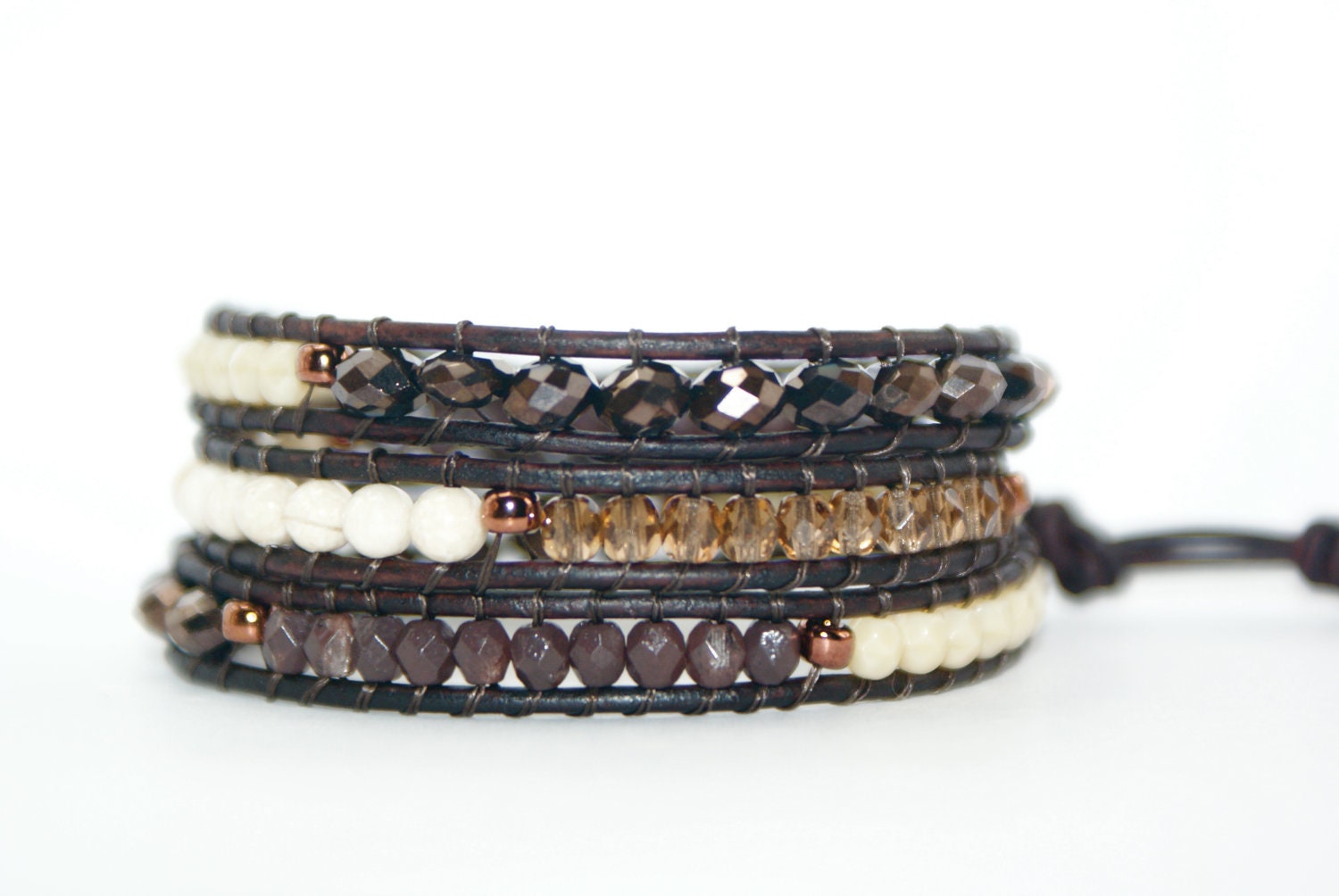 Boo leather wrap bracelet - Sterling silver - 3 x wrap - Chocolate & Cream - Gift for her