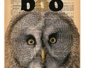 Halloween Owl Boo Illustration on salvaged vintage page book art print, halloween signage indoor outdoor poster