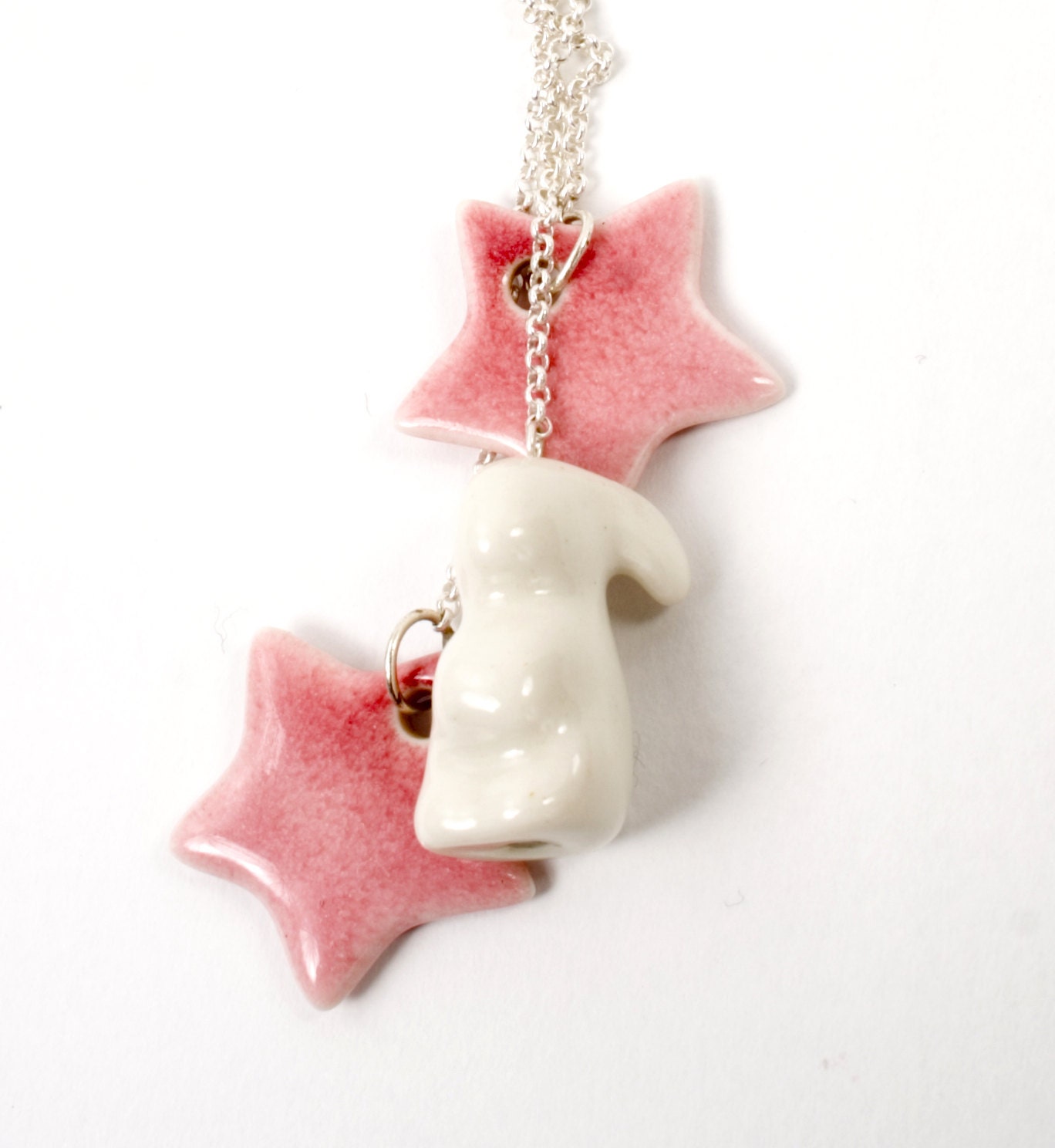 Bunny charm necklace, porcelain and silver with pink stars