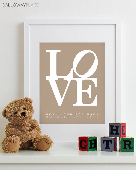 Kids Wall Art Nursery Print LOVE Poster - personalized shower gift baby birth announcement boys name girls childrens 8x10
