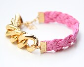 Arm candy - Gold Extra chunky chain with Pink leather braid Bracelet - 24k gold plated