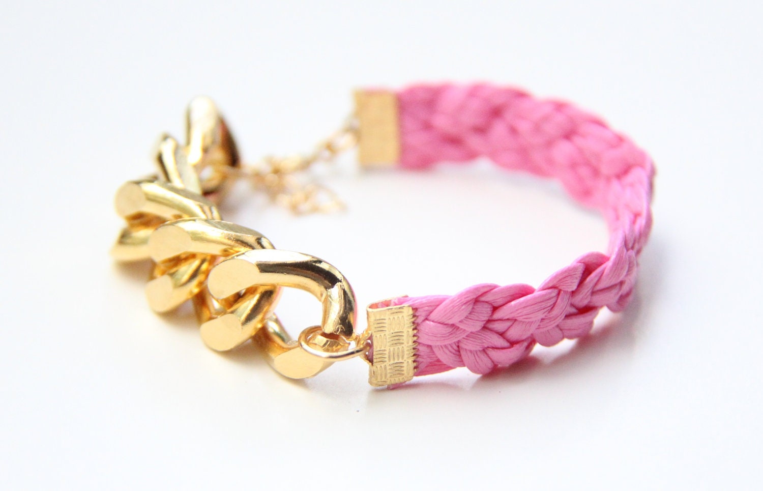 Arm candy - Gold Extra chunky chain with Pink leather braid Bracelet - 24k gold plated