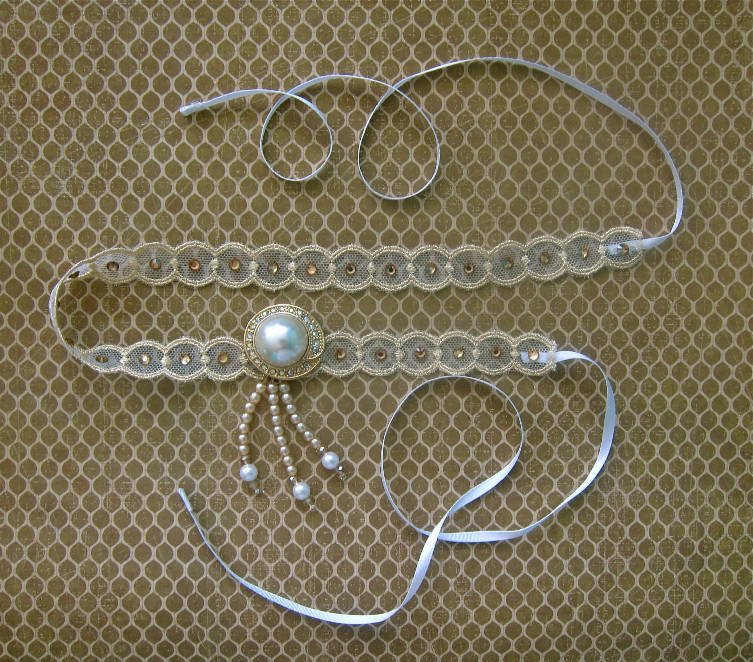 1920s Champagne / Gold Headband with Pearl Rhinestone Brooch and Dangle - Tiffanys Headband Great Gatsby - Daisy Buchanan